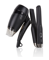 travel gift set with unplugged cordless hair straightener, flight travel hair dryer, heat protect spray & brush