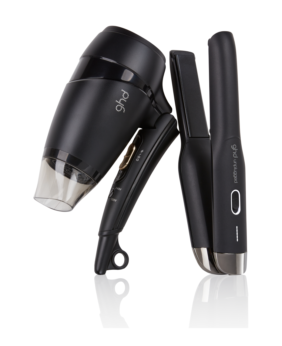 ghd® | travel gift set with unplugged cordless hair straightener, flight travel  hair dryer, heat protect spray & brush | Shaver Shop